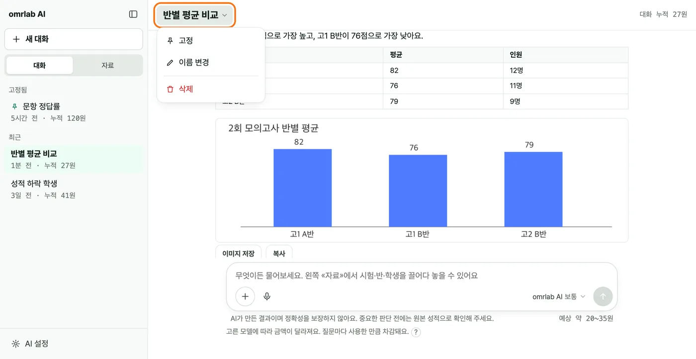 대화 제목 옆 ▾ 메뉴가 열려 «고정», «이름 변경», «삭제»가 보이고, 왼쪽 목록은 «고정됨»과 «최근»으로 나뉘어 있다