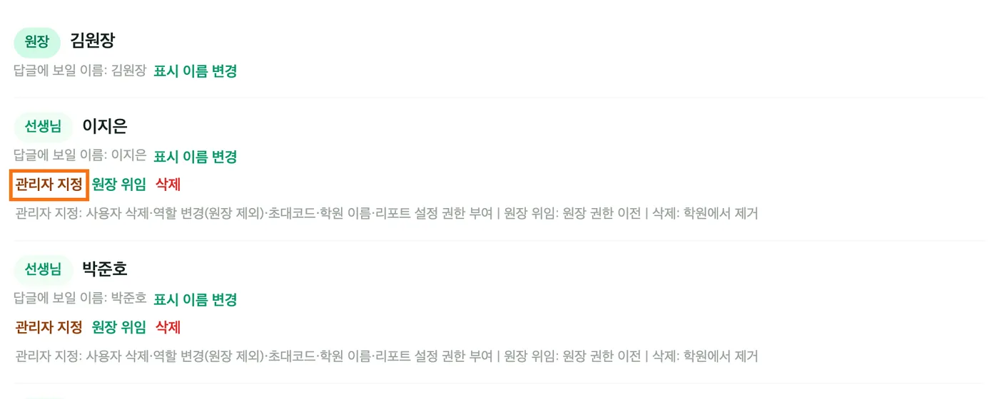 사용자 목록 — 원장 김원장 아래 선생님 이지은 줄의 「관리자 지정」이 강조 표시돼 있고 옆에 원장 위임·삭제가 있다