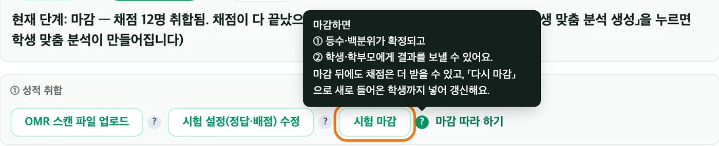 대시보드 시험 결과 화면의 성적 취합 줄 — 「시험 마감」 버튼이 강조돼 있고 옆 물음표 말풍선에 마감하면 등수·백분위가 확정되고 학생·학부모에게 결과를 보낼 수 있다는 설명이 열려 있다