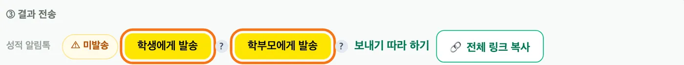 ③ 결과 전송의 성적 알림톡 줄 — 미발송 배지 옆 「학생에게 발송」과 「학부모에게 발송」 두 버튼이 강조돼 있다