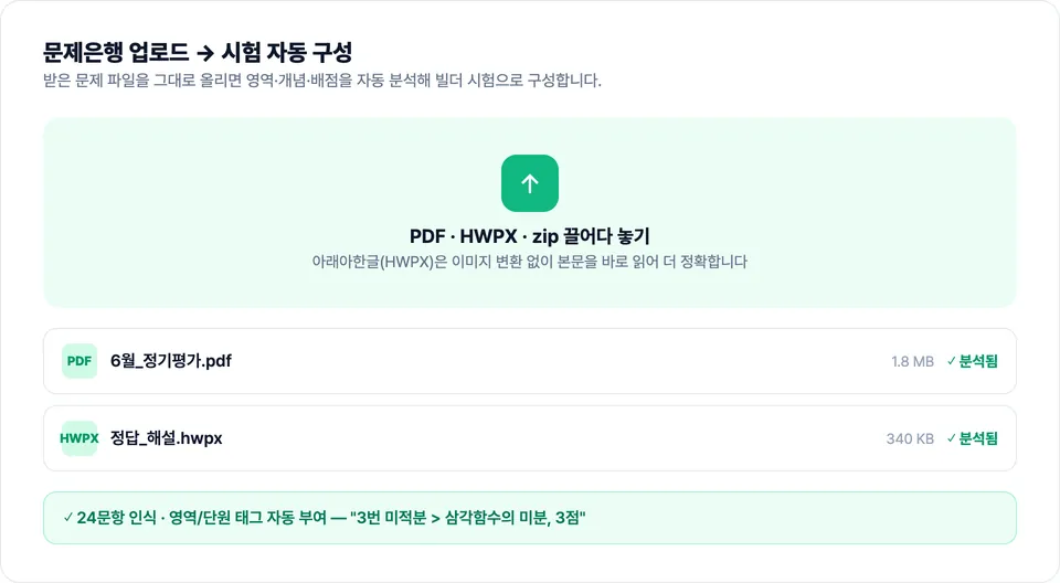 문제 파일 업로드 후 시험 자동 구성 화면